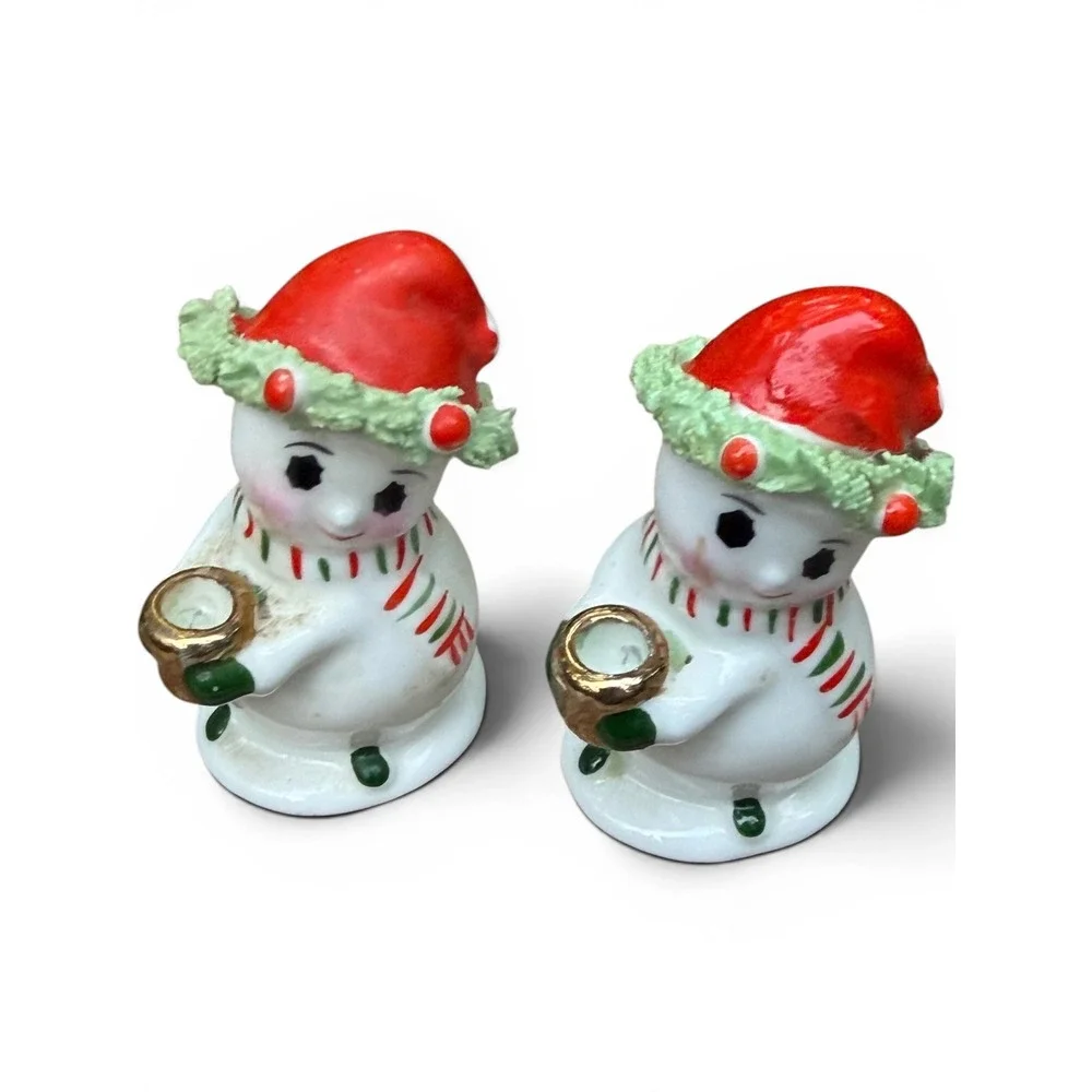 Vintage Napcoware Miniature Snowman Candle Holders Spaghetti Trim Bone China